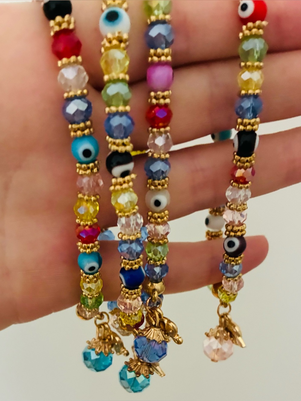 Multicolor Beaded Evil Eye Charm Bracelet - elephant charm Gold Accents